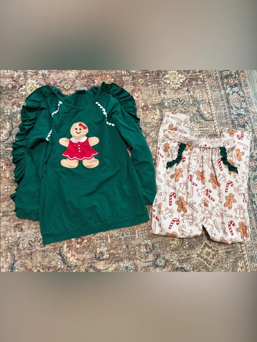 Girls' Green Gingerbread Ruffle Holiday Pajama Set